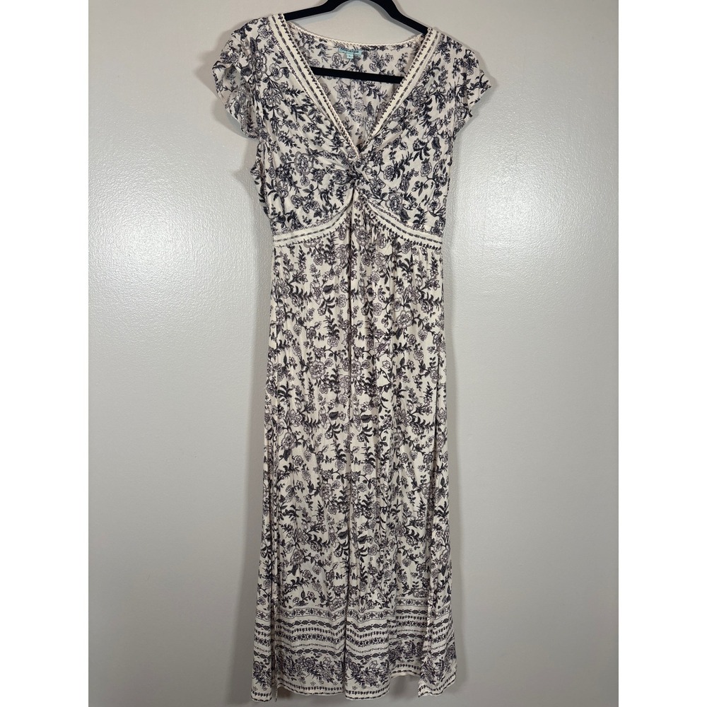 Nostalgia Womens Floral Maxi Dress Cream Black V-Neck Cap Sleeve Rayon Boho Sz L